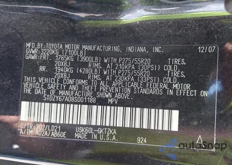 2008 Toyota Sequoia Platinum 5.7L V8 from USA, damaged, VIN 5TDZY67A08S001188